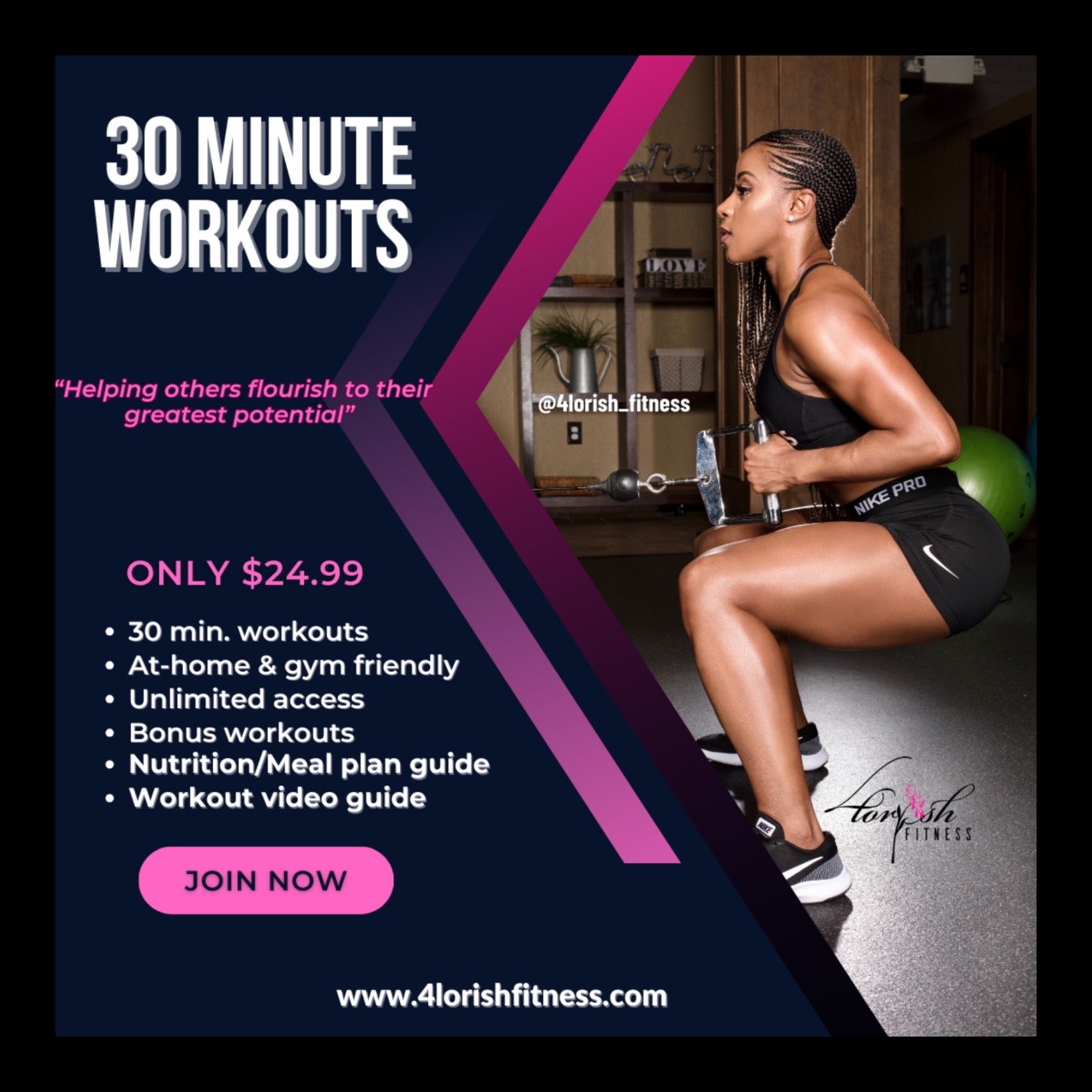 Woman performing dumbbell workout promoting 30 minute workouts with at-home and gym friendly plans, nutrition guide, and video access.