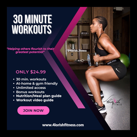 Woman performing dumbbell workout promoting 30 minute workouts with at-home and gym friendly plans, nutrition guide, and video access.
