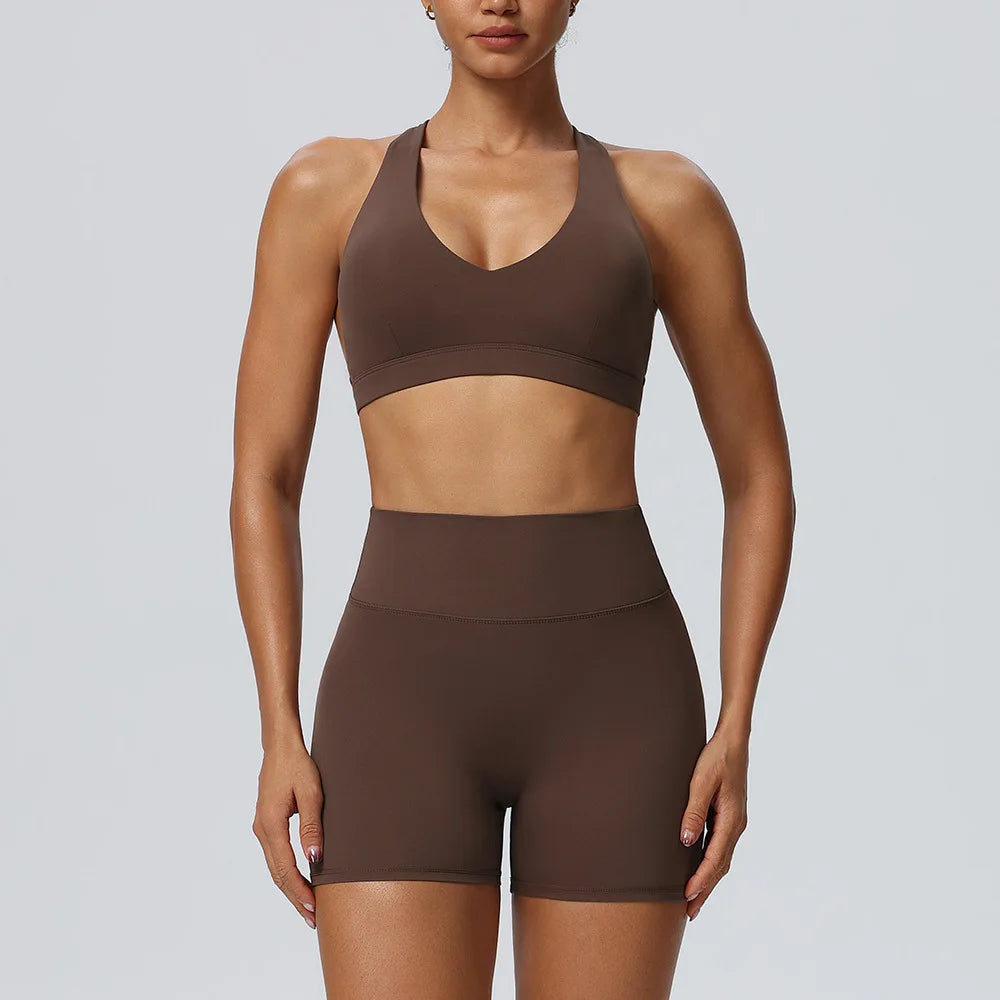 Women"s Sexy yoga suit set, women's neck hanging sports bra, hip lifting fitness shorts set Underwear without steel ring+pants