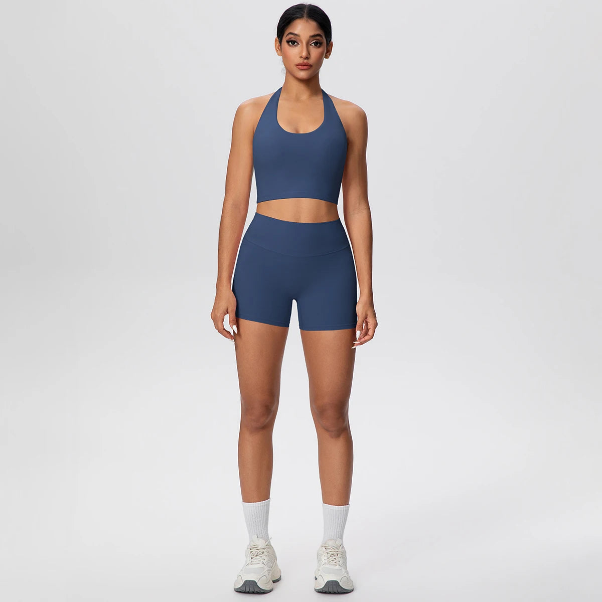 2picese Women Yoga Suit Solid Color High Waist Hip Push Up Fitness Shorts Sexy Pilates Backless Gym Hanging Neck Bra Yoga Set