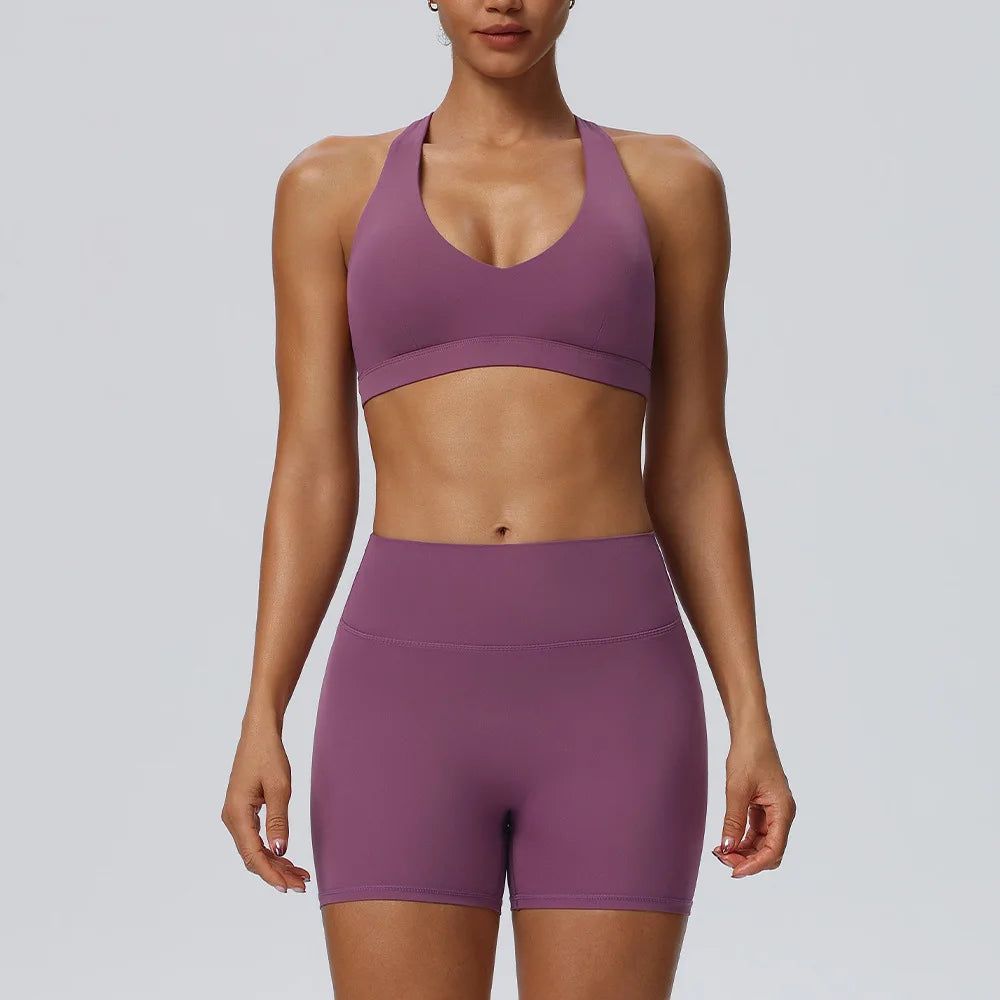 Women"s Sexy yoga suit set, women's neck hanging sports bra, hip lifting fitness shorts set Underwear without steel ring+pants