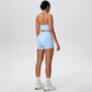 2picese Women Yoga Suit Solid Color High Waist Hip Push Up Fitness Shorts Sexy Pilates Backless Gym Hanging Neck Bra Yoga Set