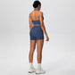 2picese Women Yoga Suit Solid Color High Waist Hip Push Up Fitness Shorts Sexy Pilates Backless Gym Hanging Neck Bra Yoga Set