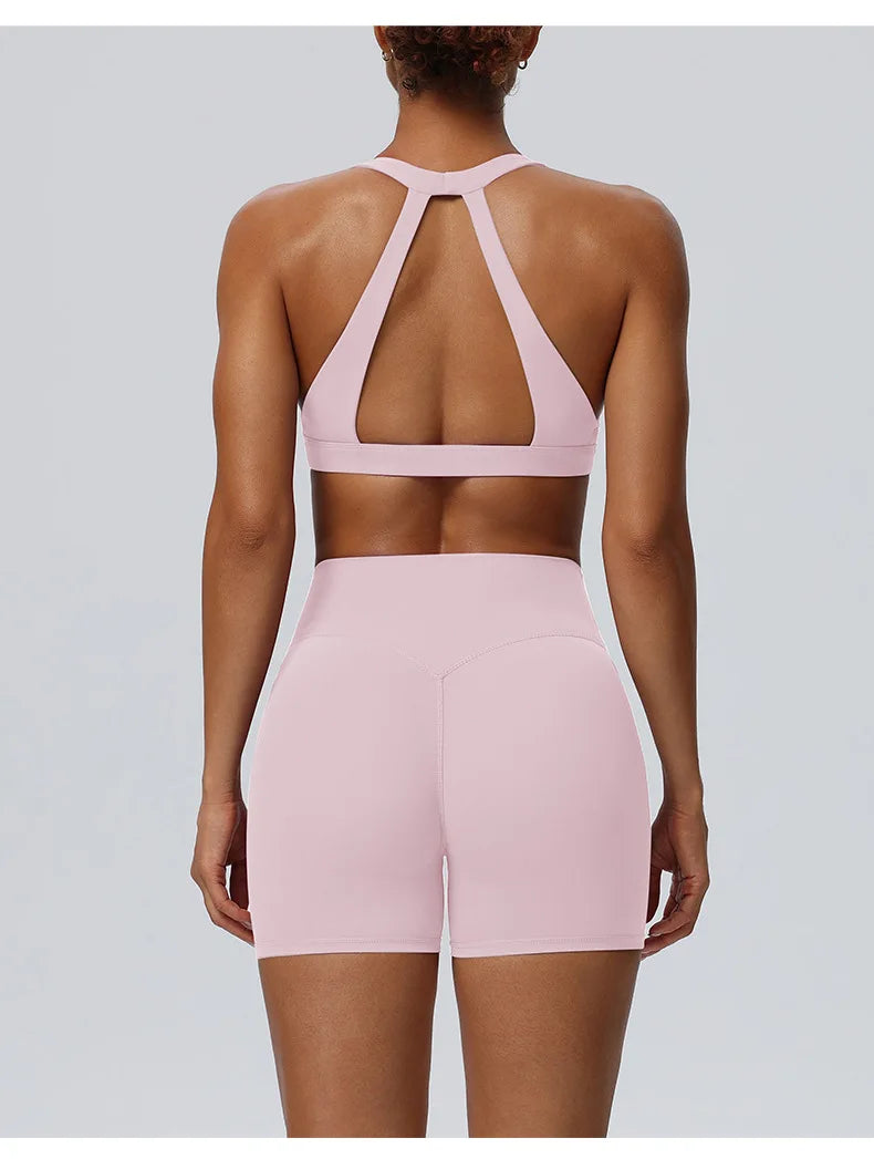 Women"s Sexy yoga suit set, women's neck hanging sports bra, hip lifting fitness shorts set Underwear without steel ring+pants