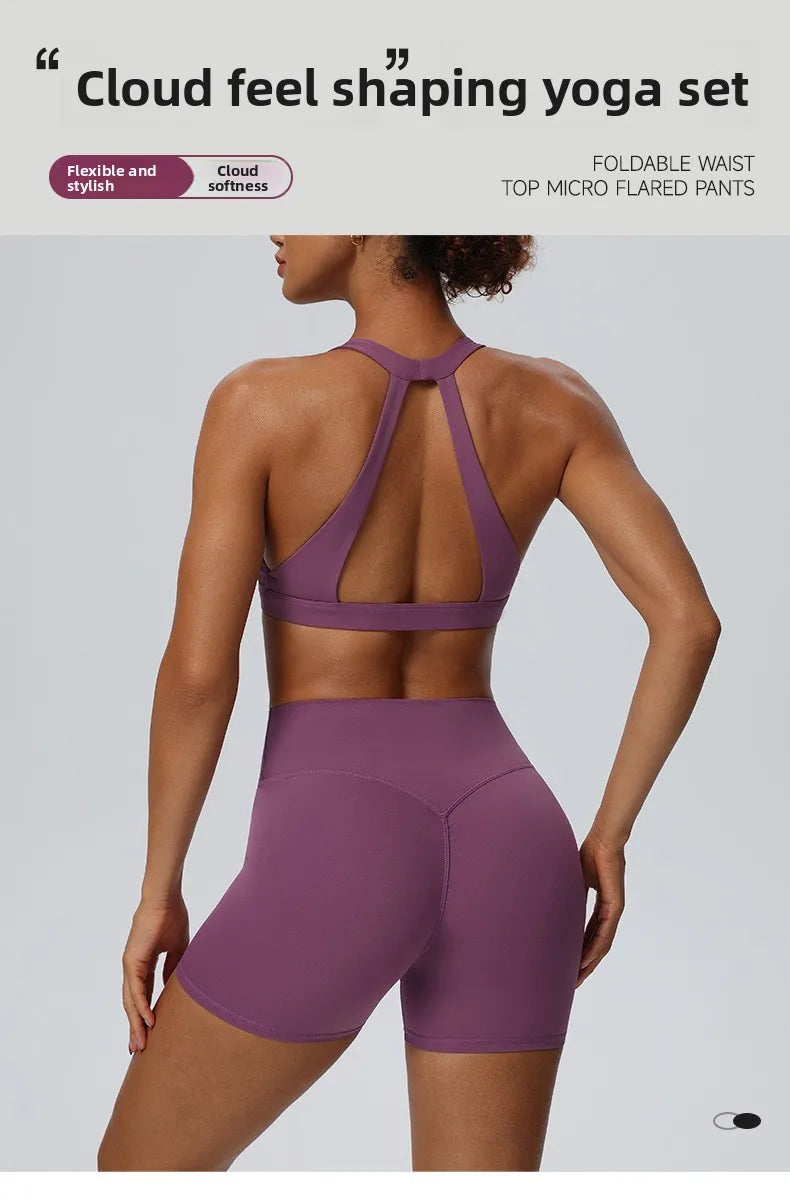 Women"s Sexy yoga suit set, women's neck hanging sports bra, hip lifting fitness shorts set Underwear without steel ring+pants