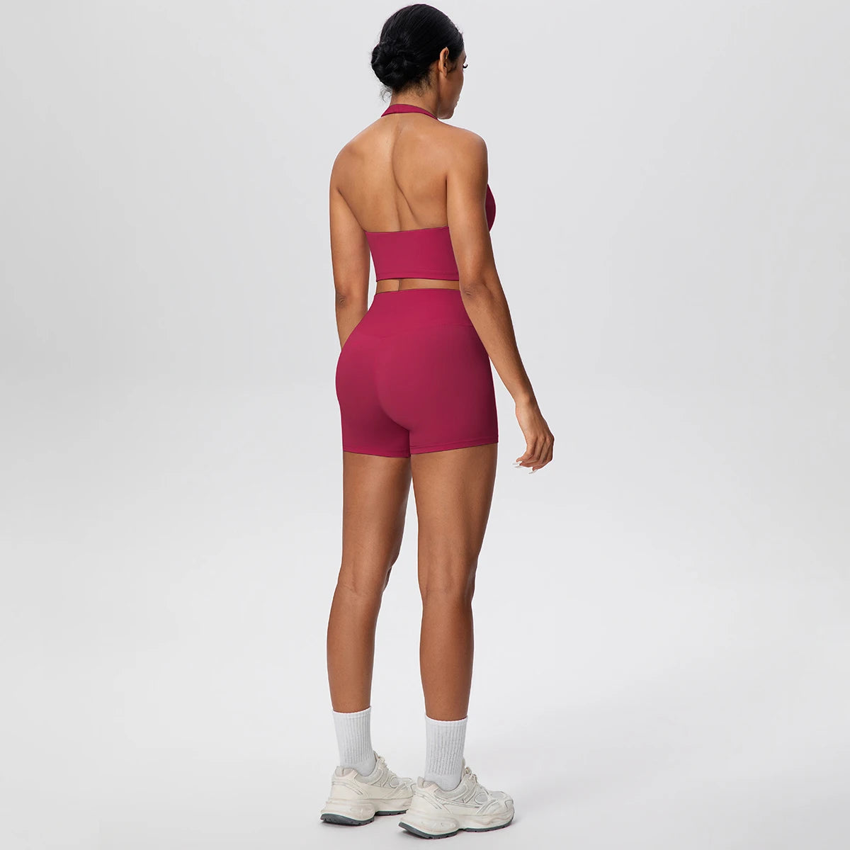 2picese Women Yoga Suit Solid Color High Waist Hip Push Up Fitness Shorts Sexy Pilates Backless Gym Hanging Neck Bra Yoga Set