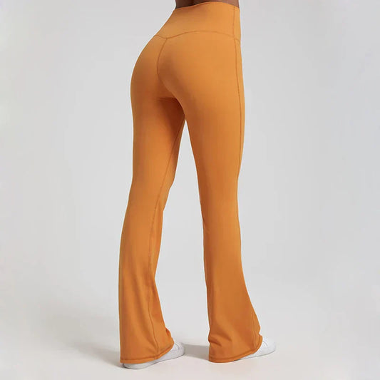 Chic Flare high-rise orange leggings with flared legs and contoured fit for activewear.