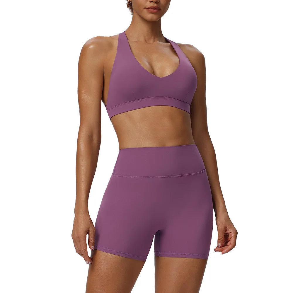 Women"s Sexy yoga suit set, women's neck hanging sports bra, hip lifting fitness shorts set Underwear without steel ring+pants