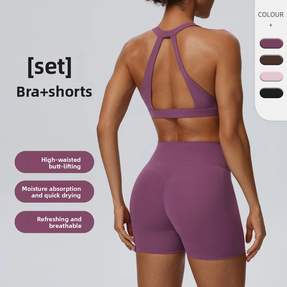 Women"s Sexy yoga suit set, women's neck hanging sports bra, hip lifting fitness shorts set Underwear without steel ring+pants