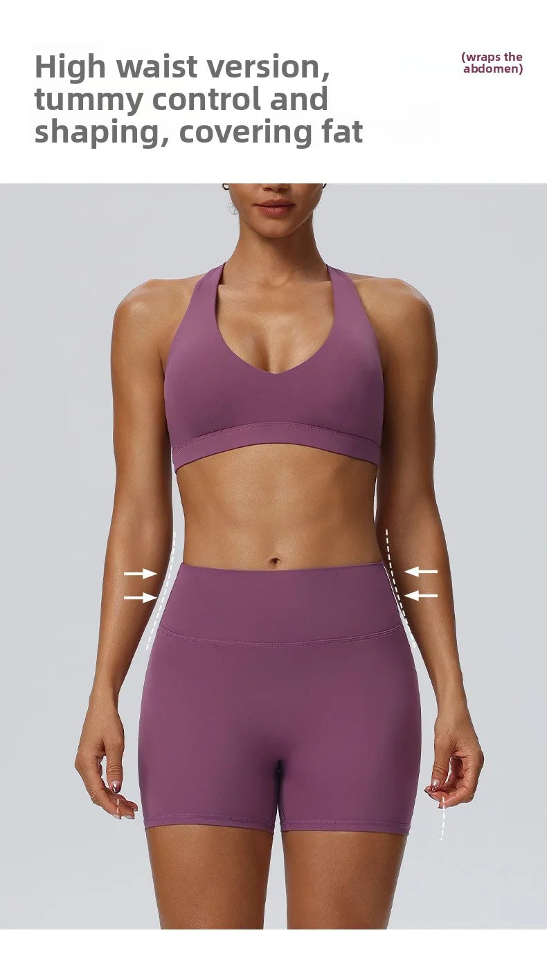 Women"s Sexy yoga suit set, women's neck hanging sports bra, hip lifting fitness shorts set Underwear without steel ring+pants