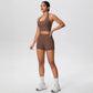 2picese Women Yoga Suit Solid Color High Waist Hip Push Up Fitness Shorts Sexy Pilates Backless Gym Hanging Neck Bra Yoga Set