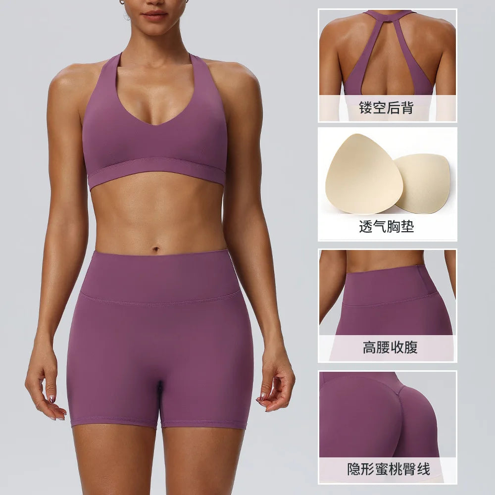 Women"s Sexy yoga suit set, women's neck hanging sports bra, hip lifting fitness shorts set Underwear without steel ring+pants