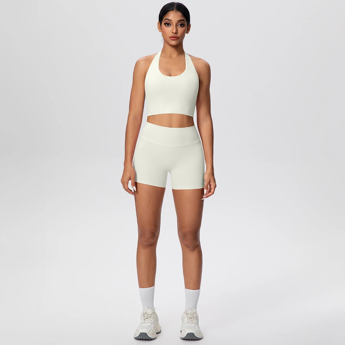 2picese Women Yoga Suit Solid Color High Waist Hip Push Up Fitness Shorts Sexy Pilates Backless Gym Hanging Neck Bra Yoga Set