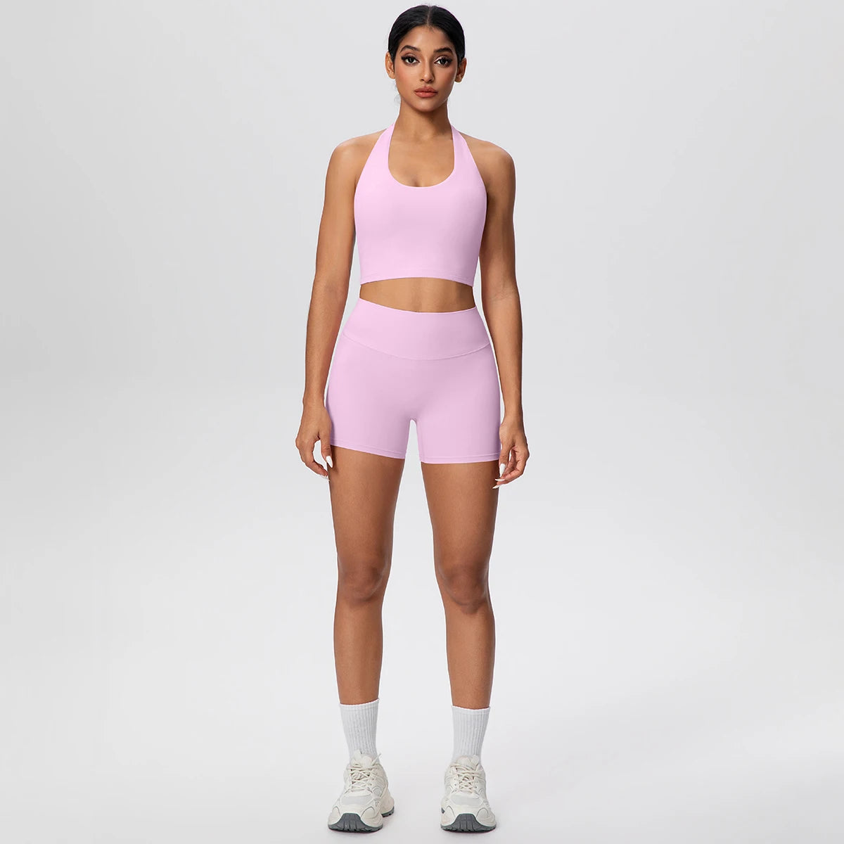 2picese Women Yoga Suit Solid Color High Waist Hip Push Up Fitness Shorts Sexy Pilates Backless Gym Hanging Neck Bra Yoga Set