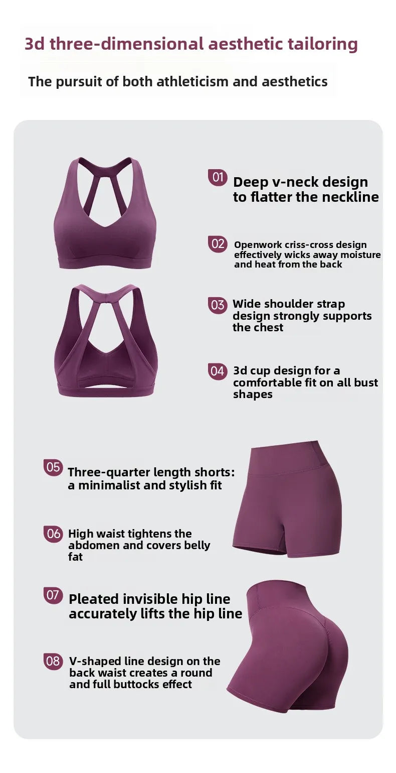 Women"s Sexy yoga suit set, women's neck hanging sports bra, hip lifting fitness shorts set Underwear without steel ring+pants