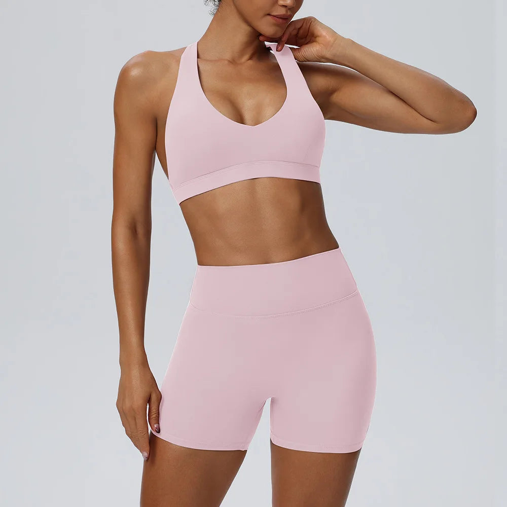 Women"s Sexy yoga suit set, women's neck hanging sports bra, hip lifting fitness shorts set Underwear without steel ring+pants