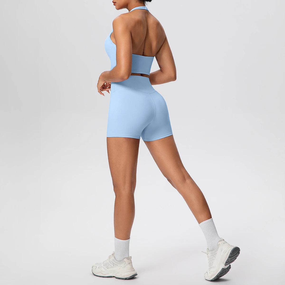2picese Women Yoga Suit Solid Color High Waist Hip Push Up Fitness Shorts Sexy Pilates Backless Gym Hanging Neck Bra Yoga Set