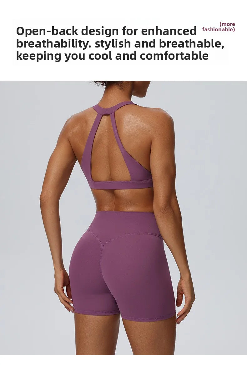 Women"s Sexy yoga suit set, women's neck hanging sports bra, hip lifting fitness shorts set Underwear without steel ring+pants
