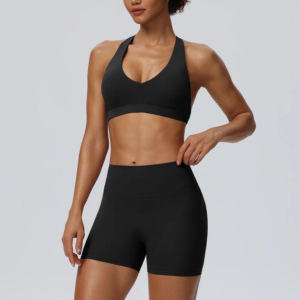 Women"s Sexy yoga suit set, women's neck hanging sports bra, hip lifting fitness shorts set Underwear without steel ring+pants