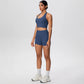 2picese Women Yoga Suit Solid Color High Waist Hip Push Up Fitness Shorts Sexy Pilates Backless Gym Hanging Neck Bra Yoga Set